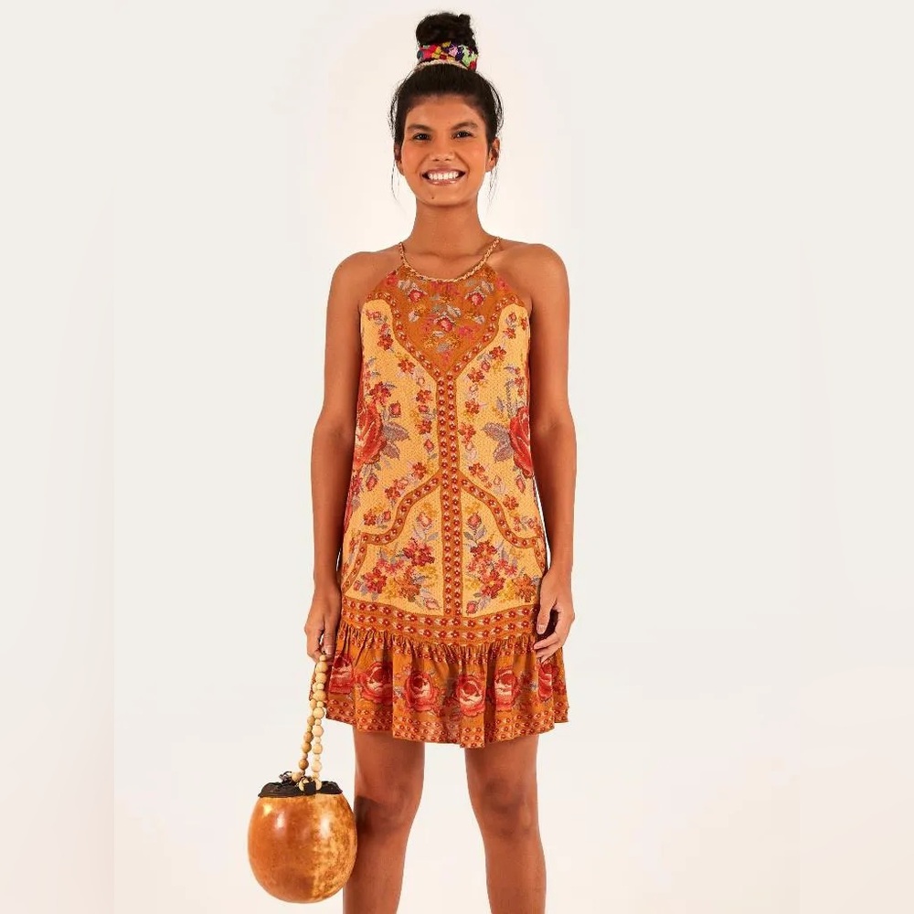 NEW FARM Rio x Anthropologie Yellow Floral Cross Stitch Short Mini Dress S